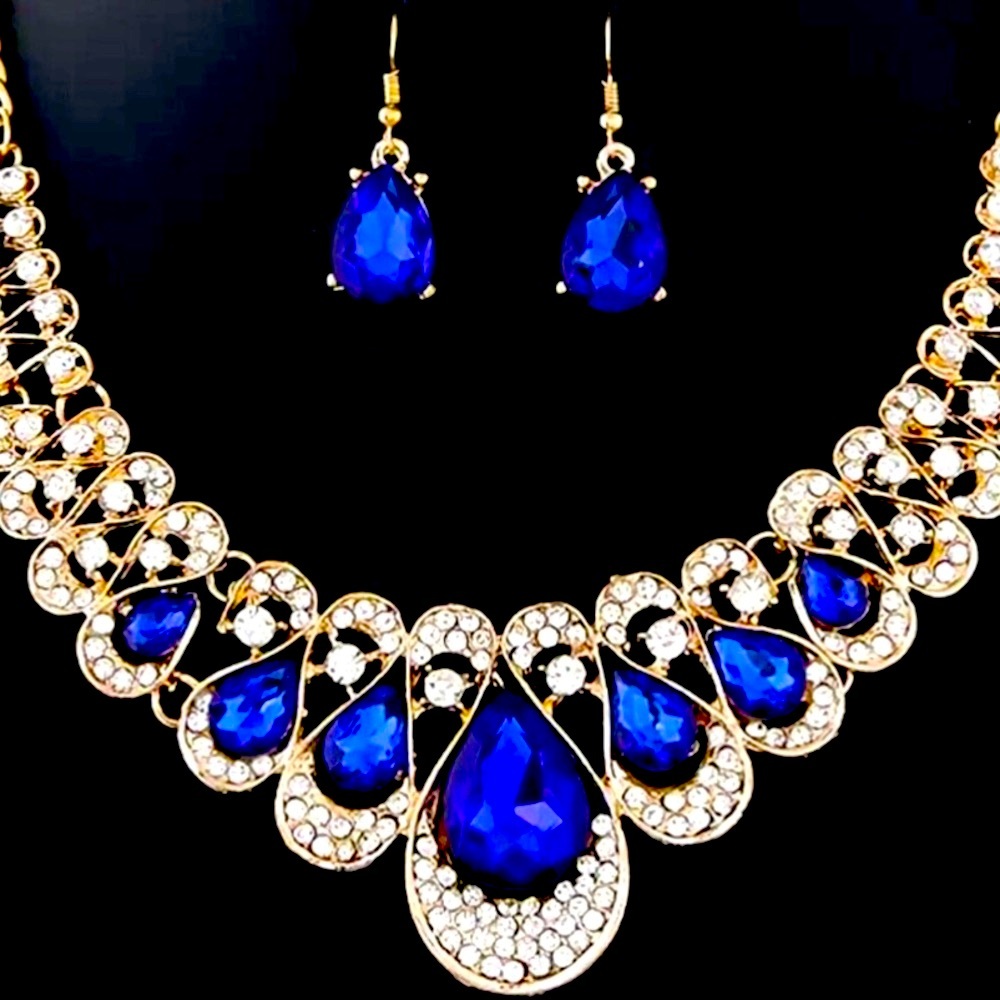 Callie Lives Elaine Demure BLUE Gemstone Gold Necklace & Teardrop Earring Set